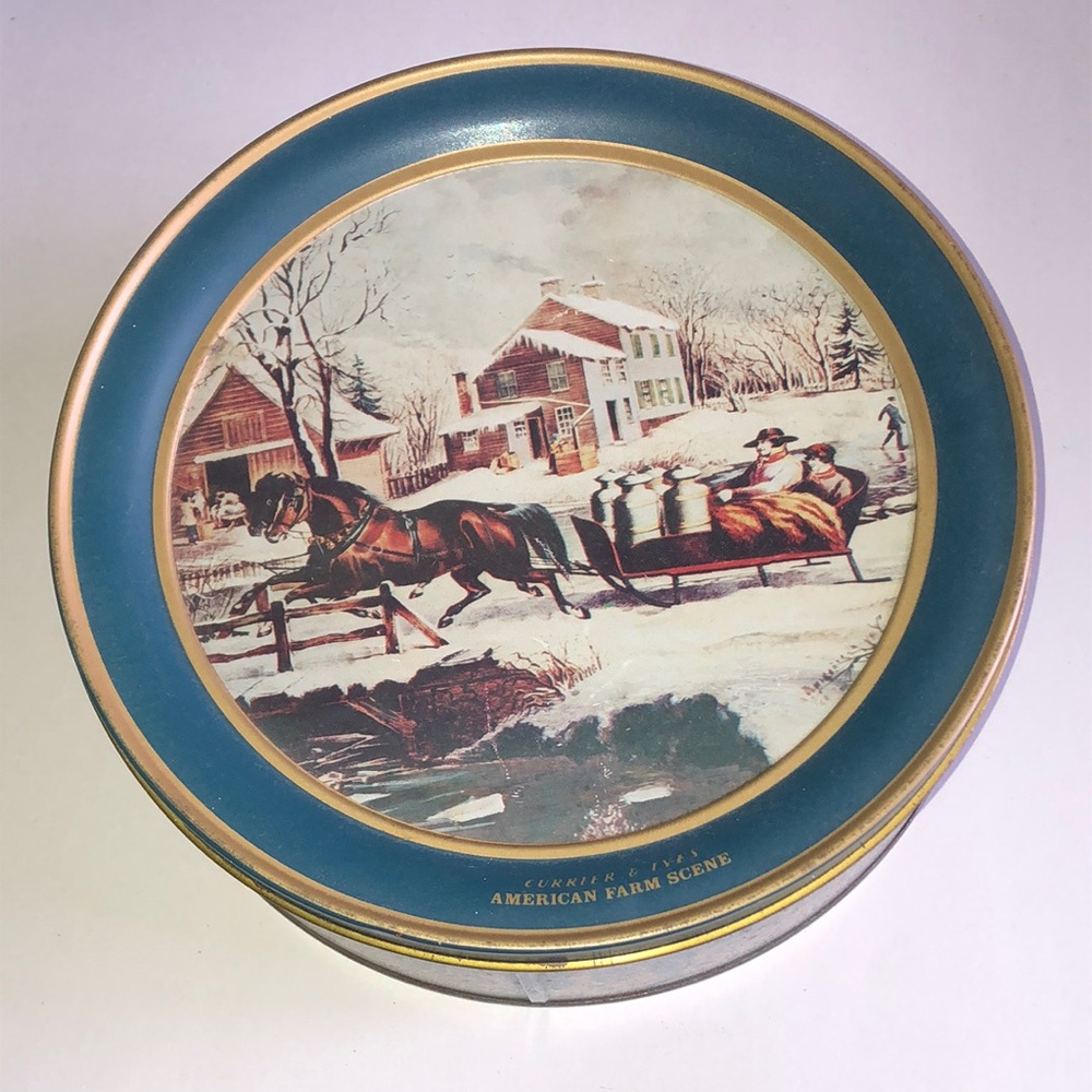 Currier & Ives American Farm Scene Decorative Tin - Blue & Gold
